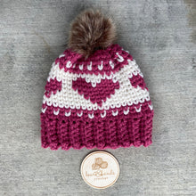 Load image into Gallery viewer, Blushing Hearts Beanie, Adult - Raspberry/Cream