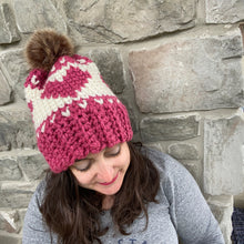 Load image into Gallery viewer, Blushing Hearts Beanie, Adult - Raspberry/Cream